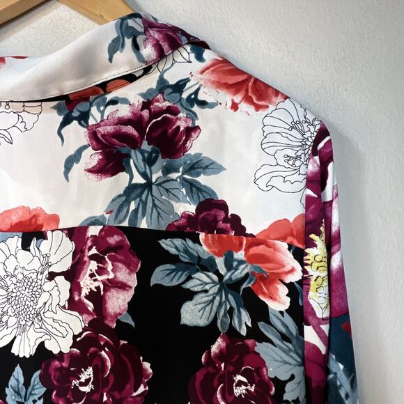 Chico's 2 petite large 12 Long Sleeve Floral Red Black Blouse Shirt Top Tropical - Picture 8 of 12